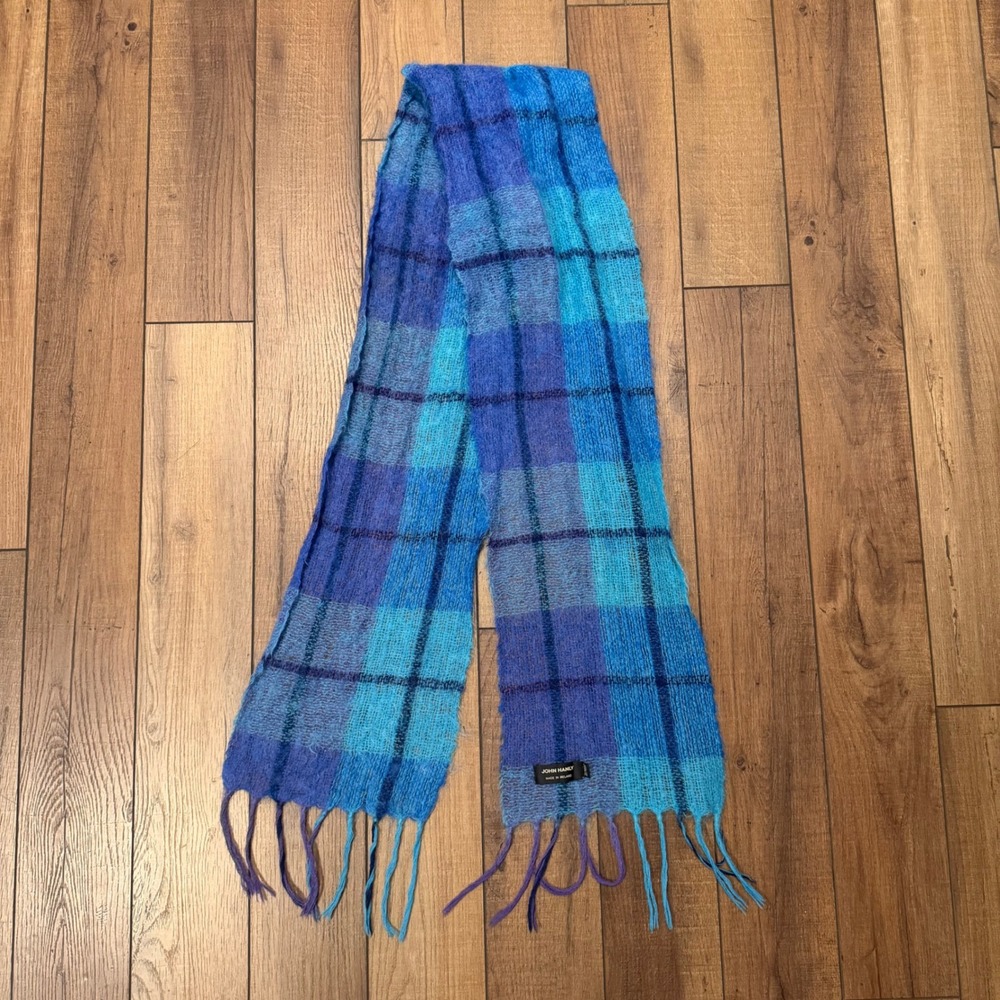 Vintage John Hanly Ireland Mohair Wool Scarf Blue Purple Plaid Fringed Fuzzy